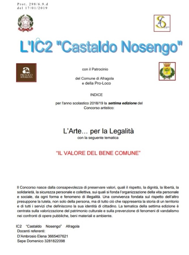 Febbraio 2019: Concorso artistico l’Arte…per la legalità “ IL VALORE DEL BENE COMUNE”